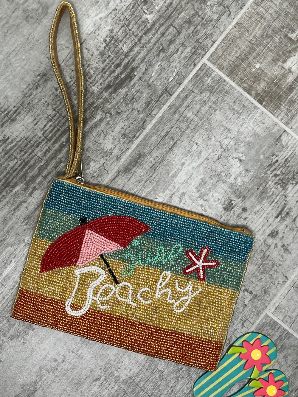 Beaded Beachy Wristlet Clutch with Umbrella and Starfish Motif